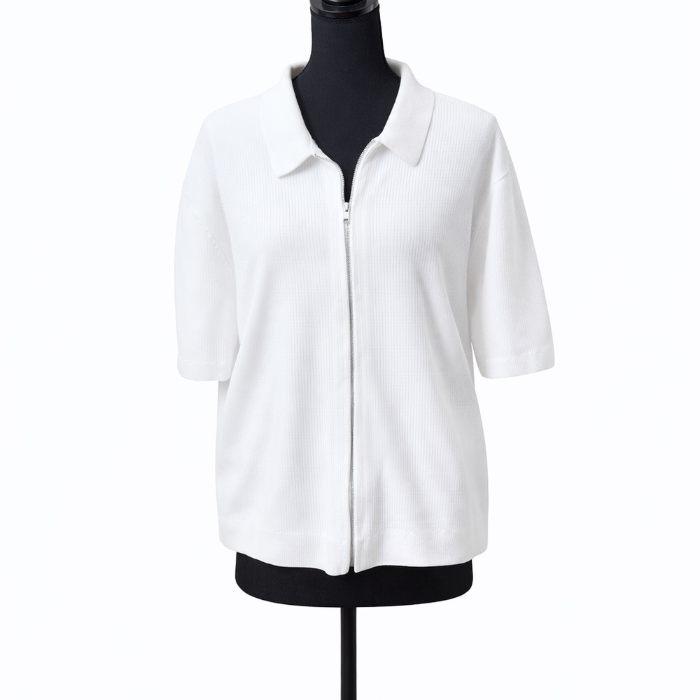COS White Ribbed Full Zip Knit Top Elbow Sleeve XL